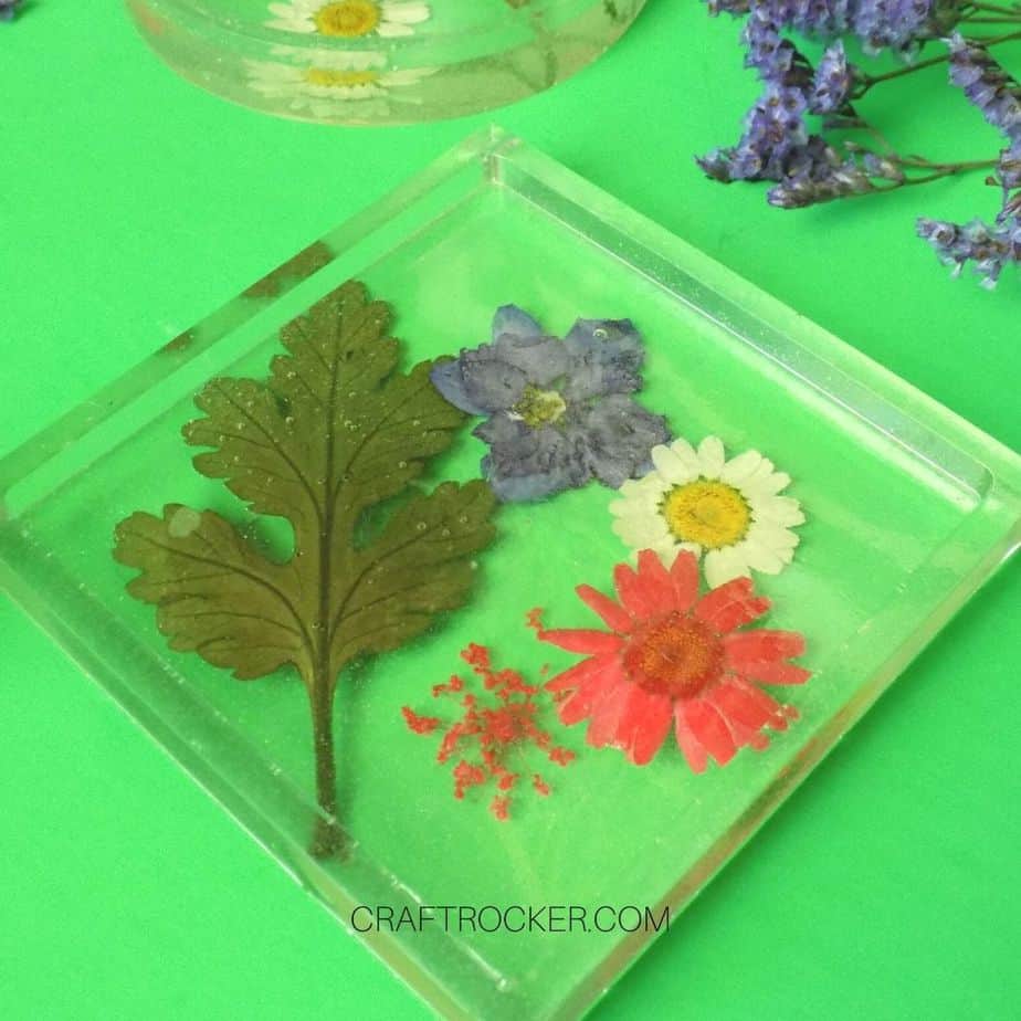 Close Up of Square Pressed Flower Resin Coaster - Craft Rocker (1)