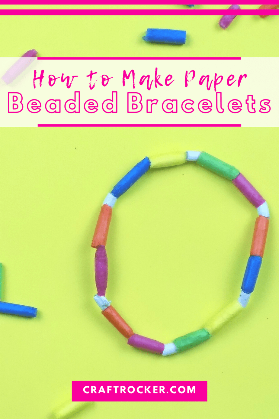 Paper Beaded Bracelet next to Loose Paper Beads with text overlay - How to Make Paper Beaded Bracelets - Craft Rocker