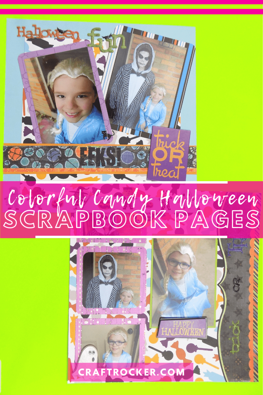 2 Scrapbook Pages with text overlay - Colorful Candy Halloween Scrapbook Pages - Craft Rocker