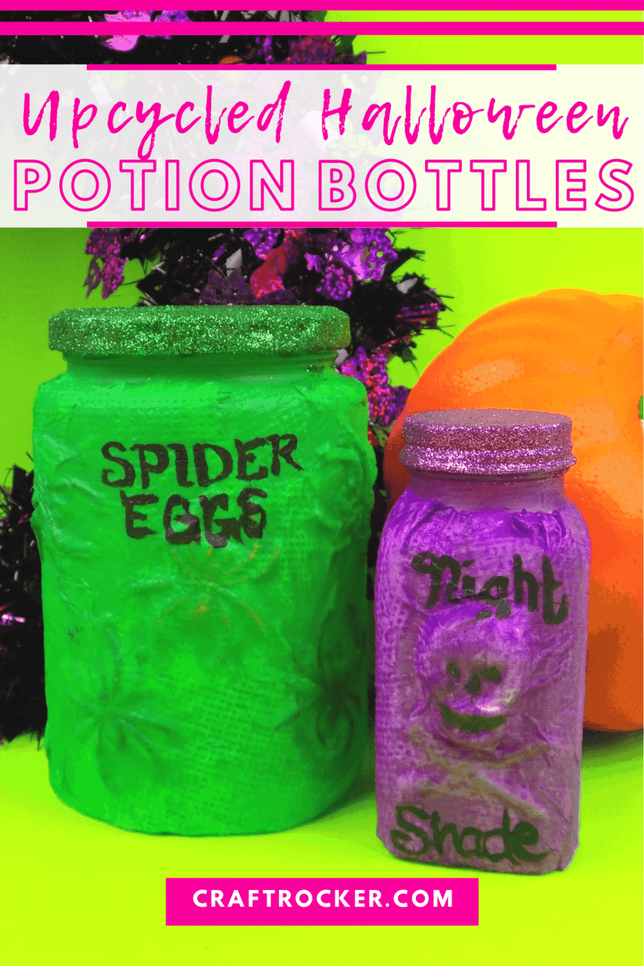 Green and Purple Halloween Jars with text overlay - Upcycled Halloween Potion Bottles - Craft Rocker