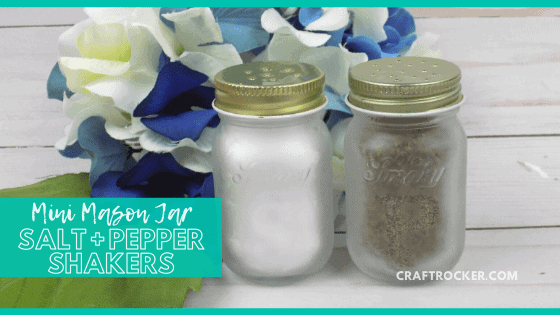 Jar Salt and Pepper Shakers next to Flowers with text overlay - Mini Mason Jar Salt and Pepper Shakers - Craft Rocker