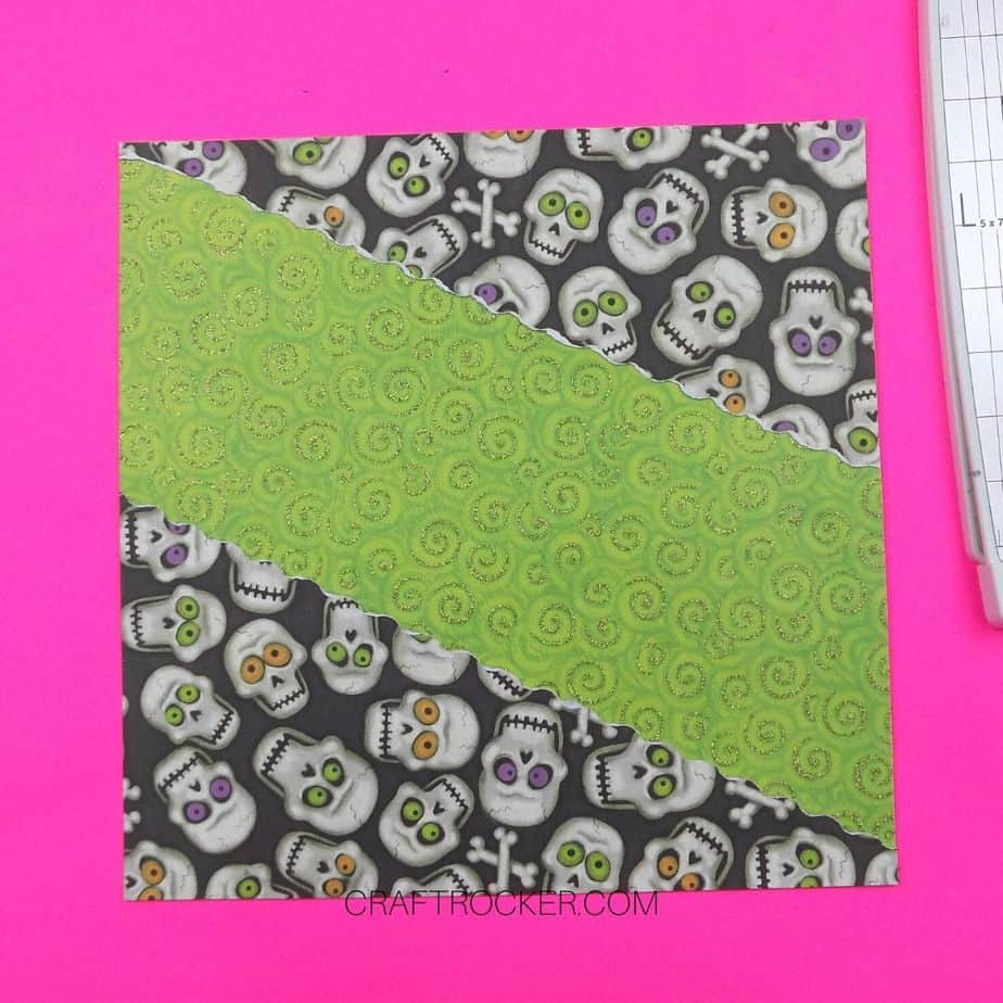 Torn Skull Paper Corners Glued to Green Swirls 12x12 Paper - Craft Rocker