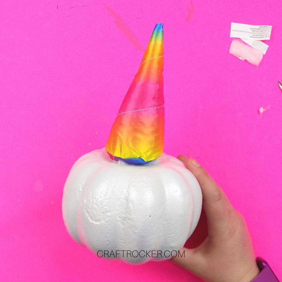 Unicorn Horn Glued on Top of White Pumpkin - Craft Rocker