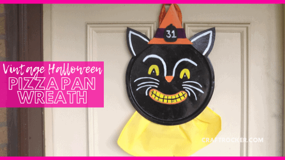 Vintage Cat Hanging on Door with text overlay - Vintage Halloween Pizza Pan Wreath - Craft Rocker