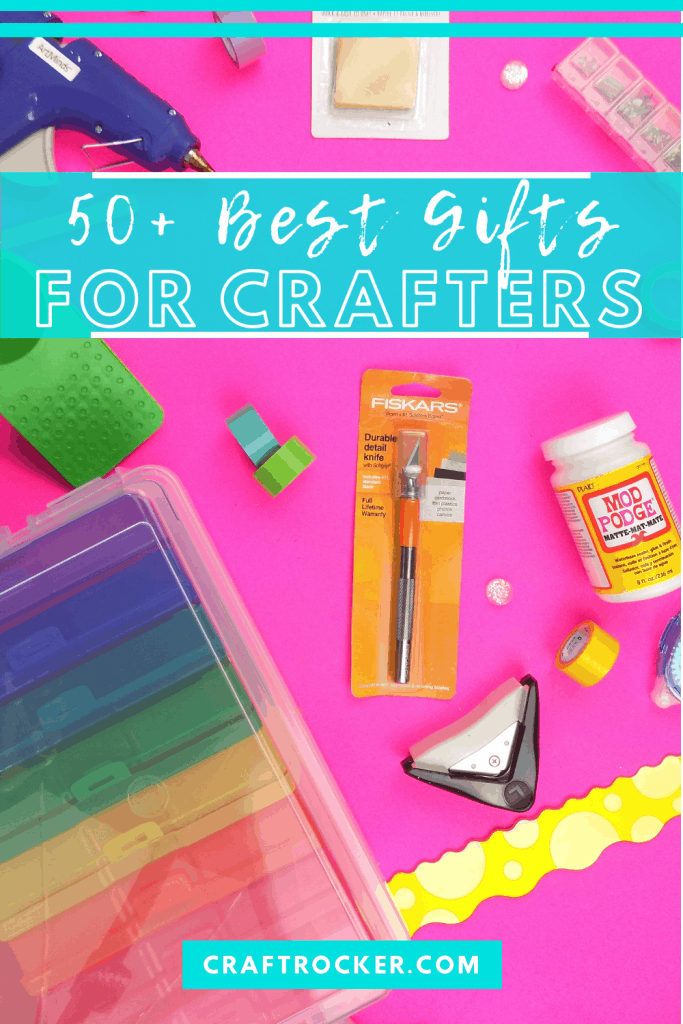 Assorted Craft Supplies on Pink Background with text overlay - 50+ Best Gifts for Crafters - Craft Rocker