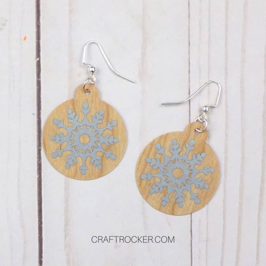 Close Up of Finished Wood Earrings with Snowflakes - Craft Rocker