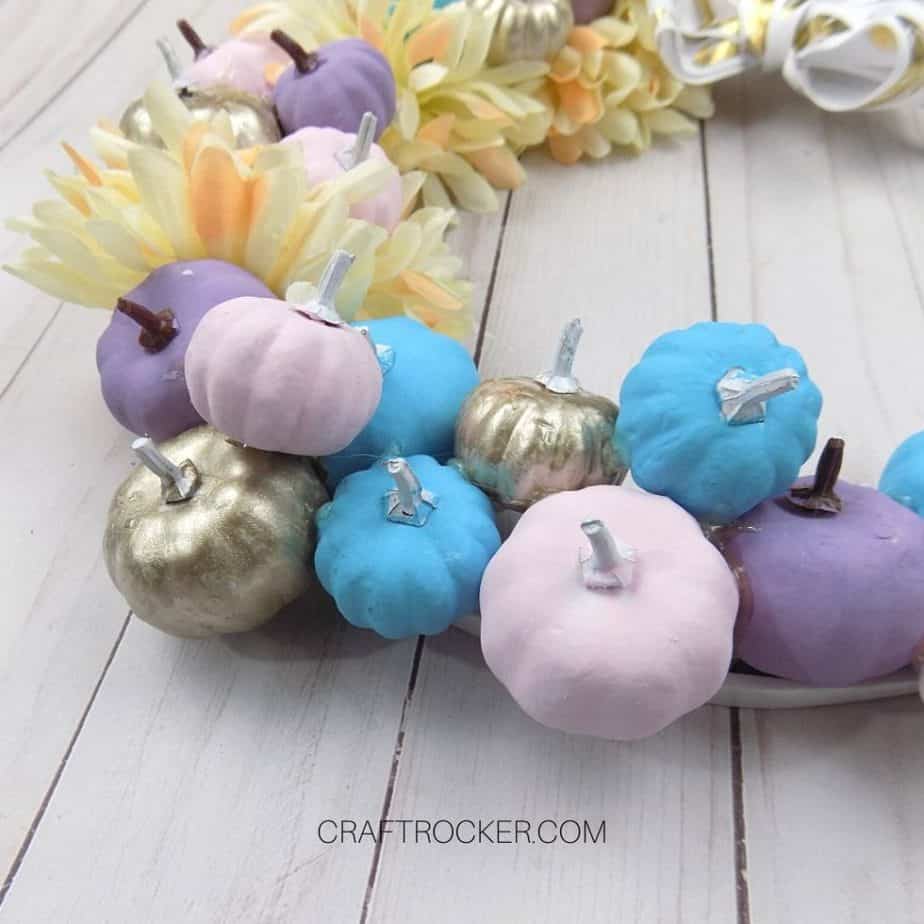 Close Up of Painted Mini Pumpkins on Hoop Wreath - Craft Rocker