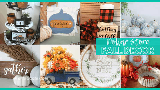 Collage of Dollar Tree Fall Projects with text overlay - Dollar Store Fall Decor - Craft Rocker