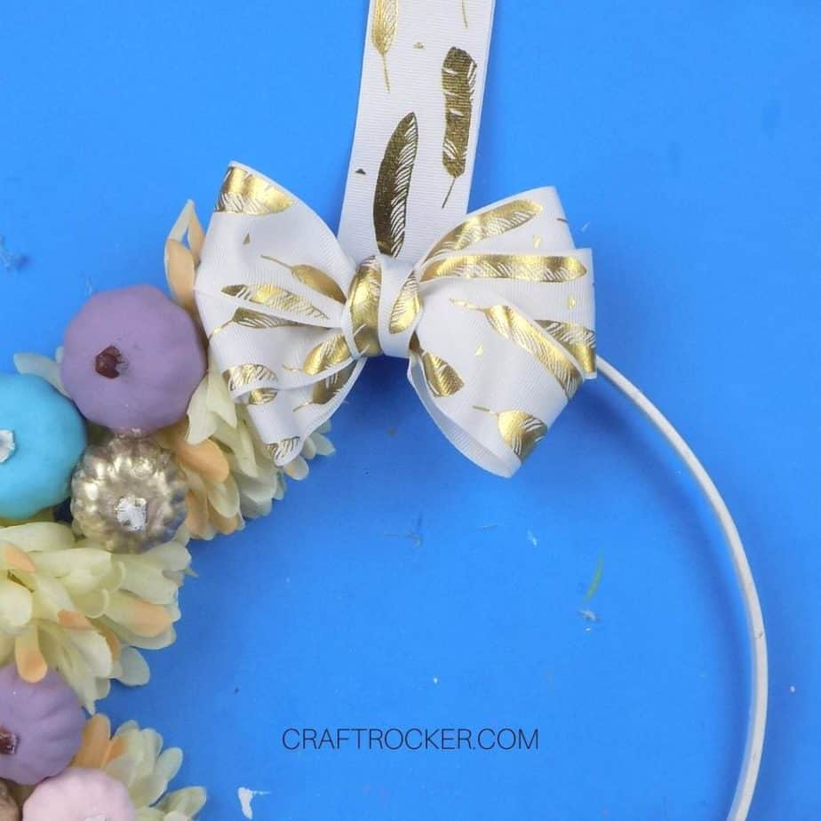 Gold Feather Ribbon Bow Glued to Wreath - Craft Rocker