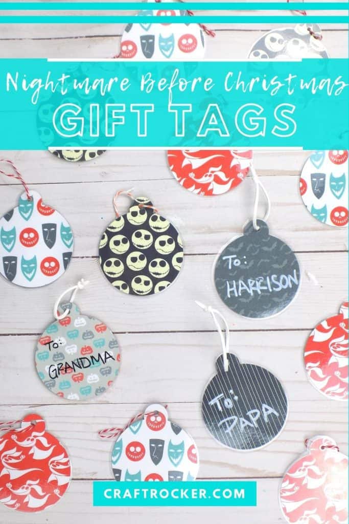 Assorted Christmas Gift Tags on Wood Background with text overlay - Nightmare Before Christmas Gift Tags - Craft Rocker