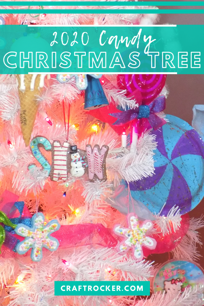 Close Up of Candy Tree in Living Room with text overlay - 2020 Candy Christmas Tree - Craft Rocker