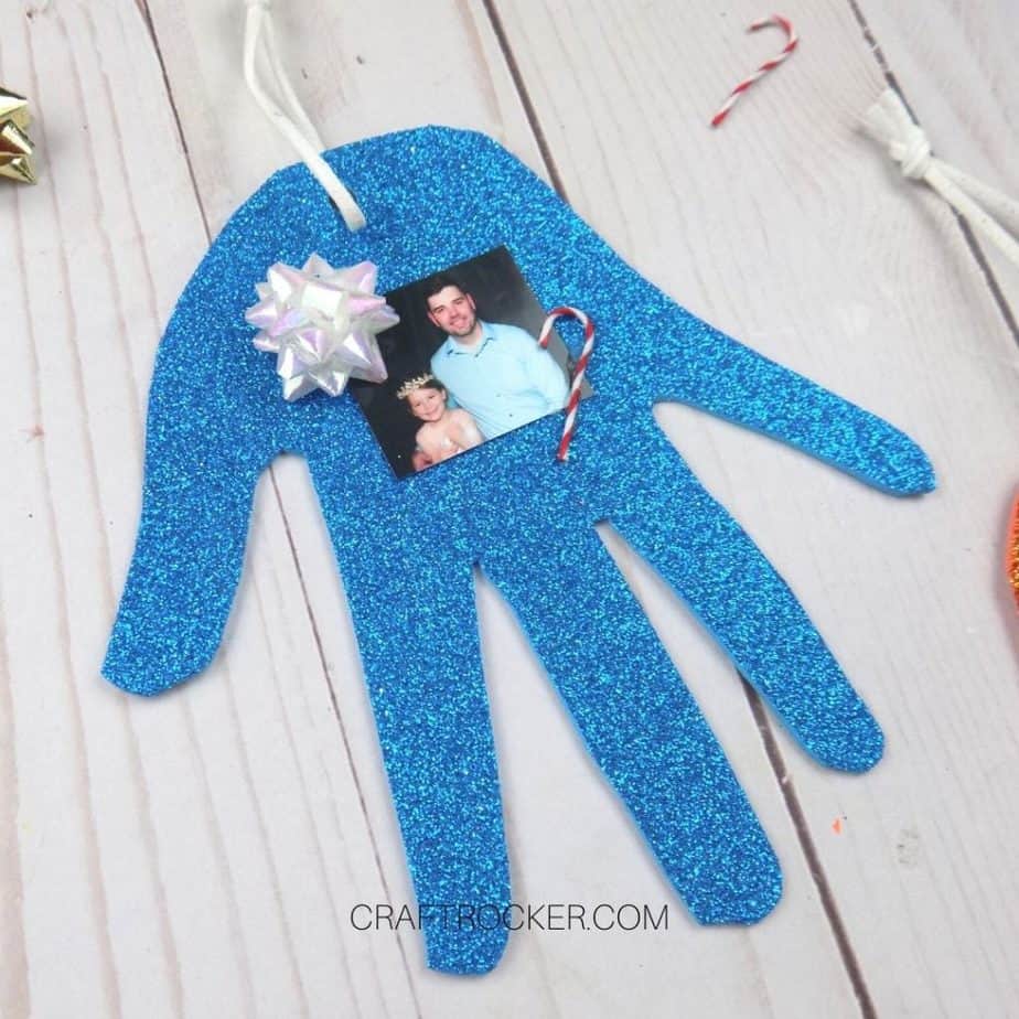 Close up of Blue Glitter Handprint Ornament - Craft Rocker