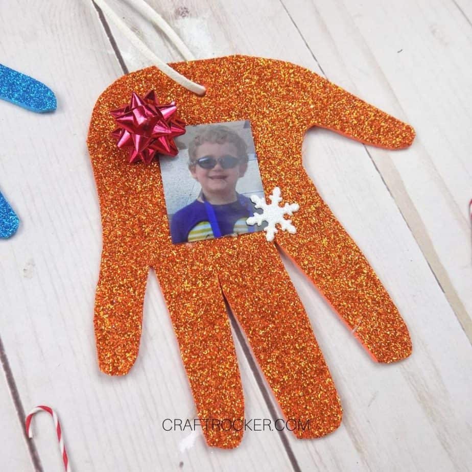 Close up of Orange Glitter Handprint Ornament - Craft Rocker