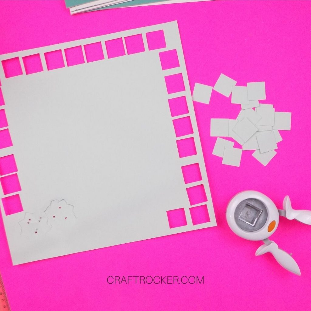 Punched Cardstock Squares next to Paper Punch - Craft Rocker