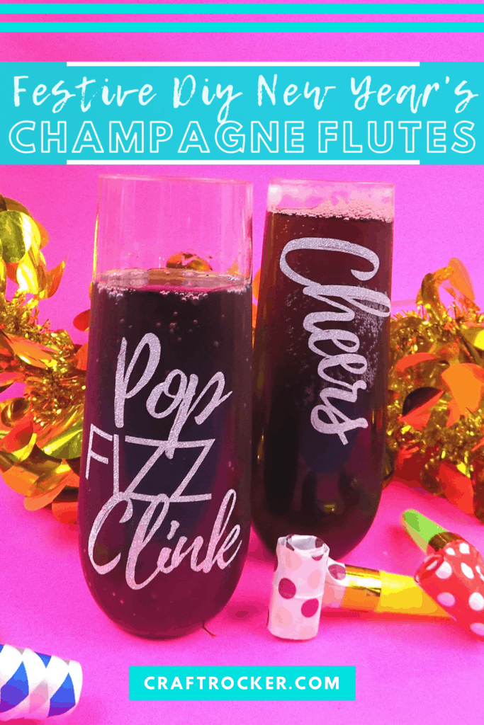 Filled Cups with Sayings next to Decorations with text overlay - Festive DIY New Year's Champagne Flutes - Craft Rocker