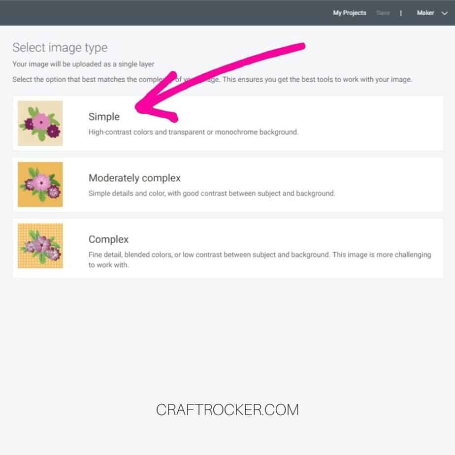Select Image Type Design Space Screen with Arrow Pointing to Simple Option - Craft Rockerer