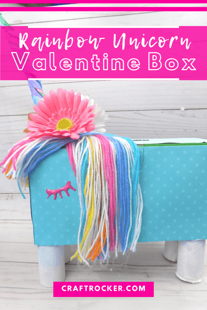 Side View of Unicorn Box with text overlay - Rainbow Unicorn Valentine Box - Craft Rocker