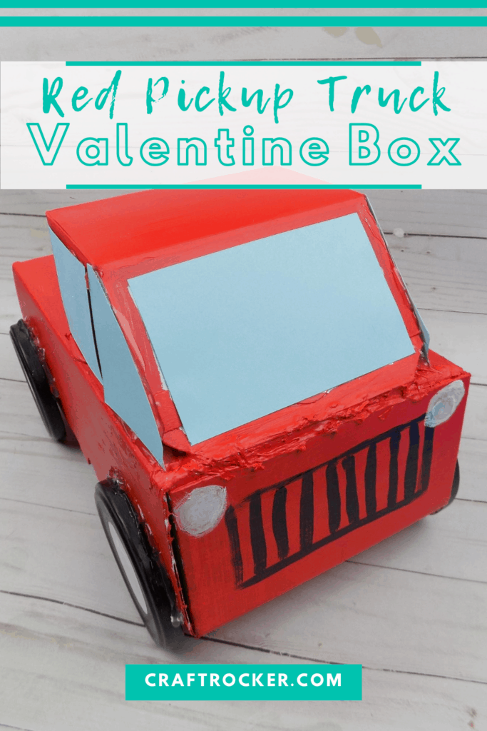 Front View of Red Truck Box with text overlay - Red Pickup Truck Valentine Box - Craft Rocker