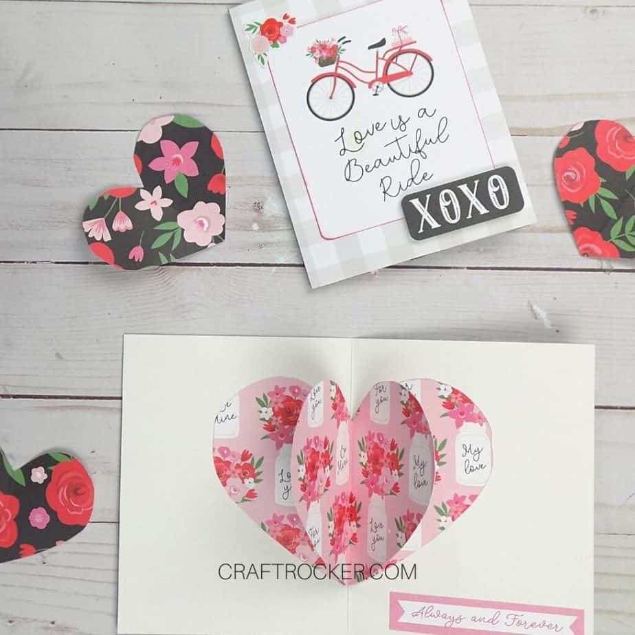 Valentines Card next to Open 3D Heart Pop Up Card - Craft Rocker