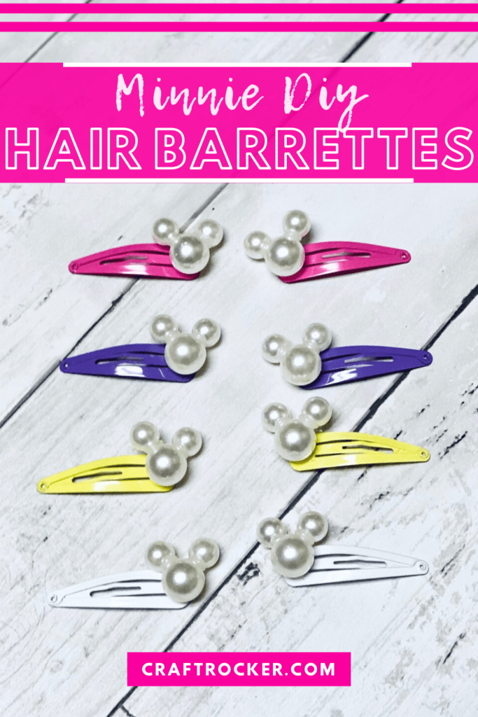 Colorful Minnie Barrettes on Wood Background with text overlay - Minnie DIY Hair Barrettes - Craft Rocker