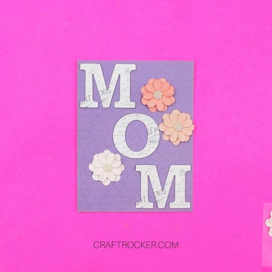 3-D Flowers Next to Chipboard Letters on Lavender Card Front - Craft Rocker