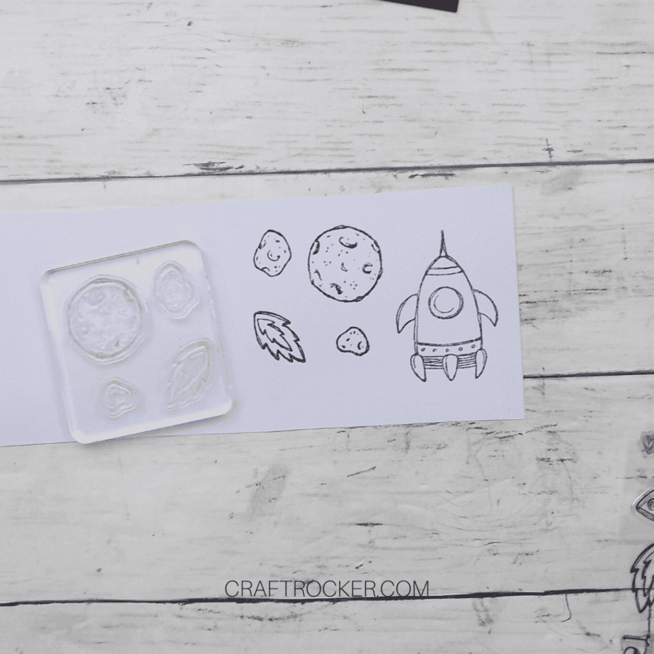 Spaceship and Meteors Stamped in Black Ink on Watercolor Paper - Craft Rocker